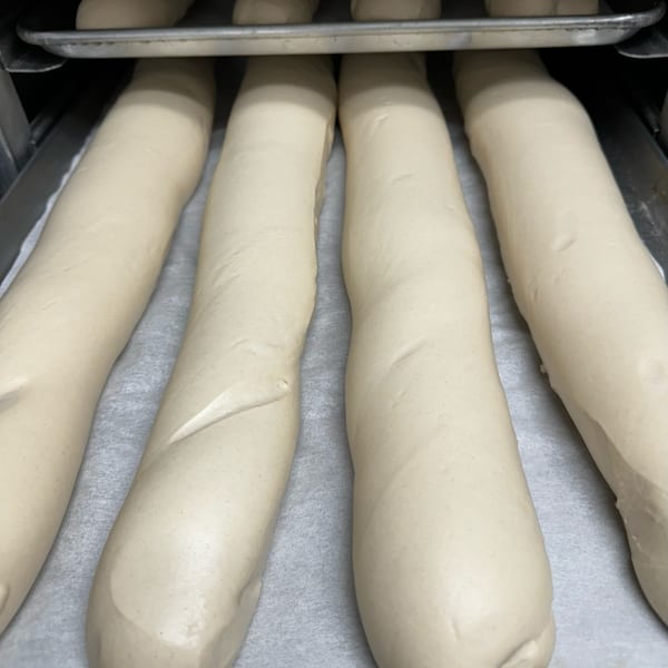 Four long loaves of unbaked Cuban bread dough rest on parchment paper in a metal baking pan.